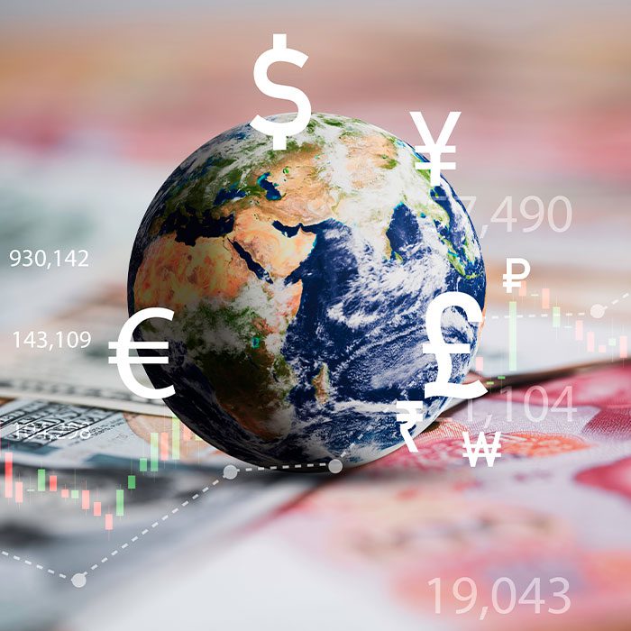 foreign currencies appear around a globe