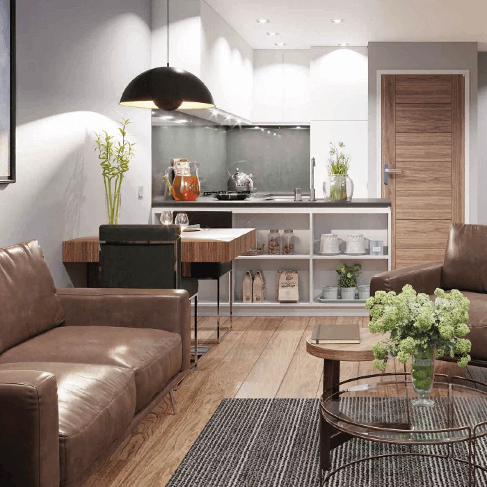 Property interior – kitchen and living room open plan Property interior - kitchen and living room open plan