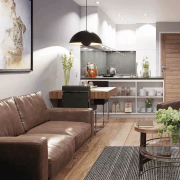 Property interior – kitchen and living room open plan Property interior - kitchen and living room open plan