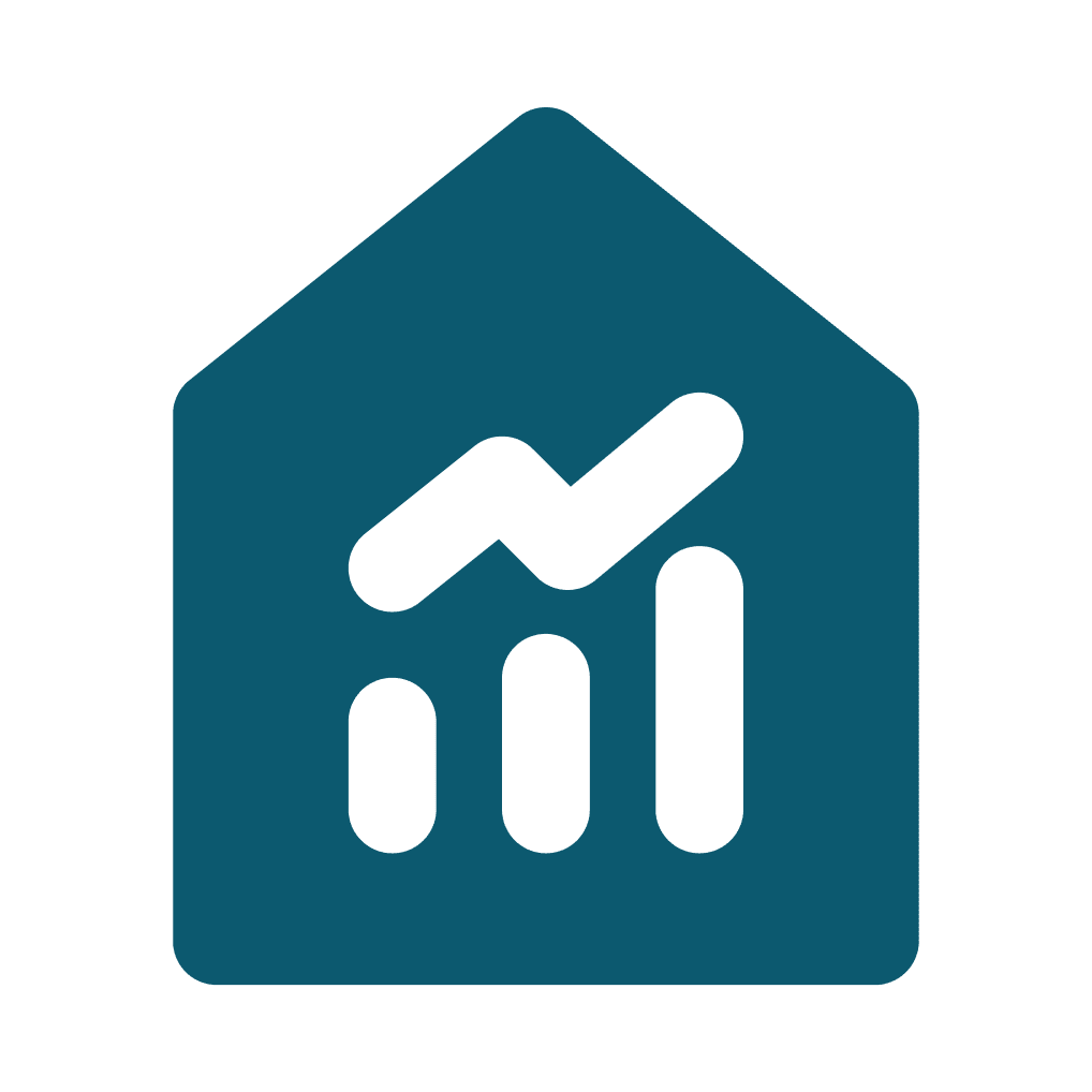A blue house shape with a line graph inside, indicating positive growth.
