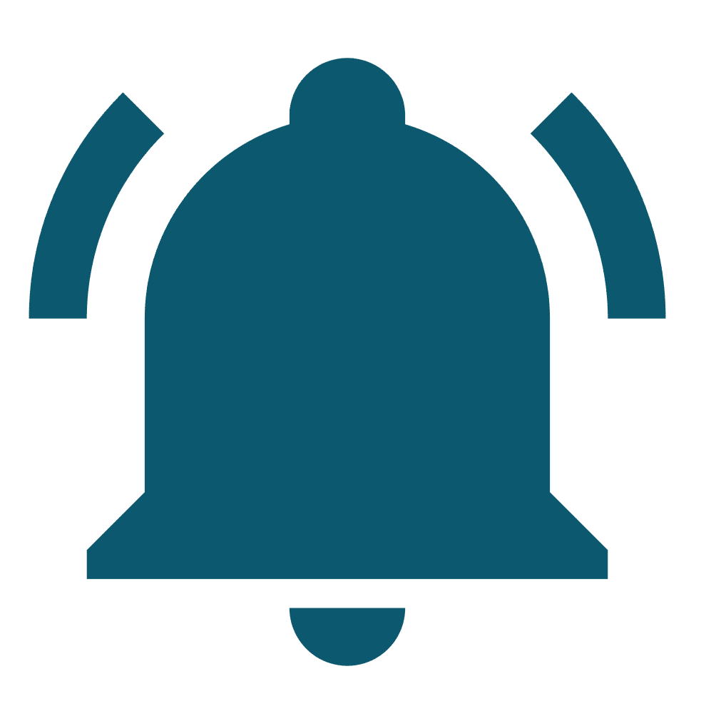 A blue notification bell with sound waves emanating from the sides.