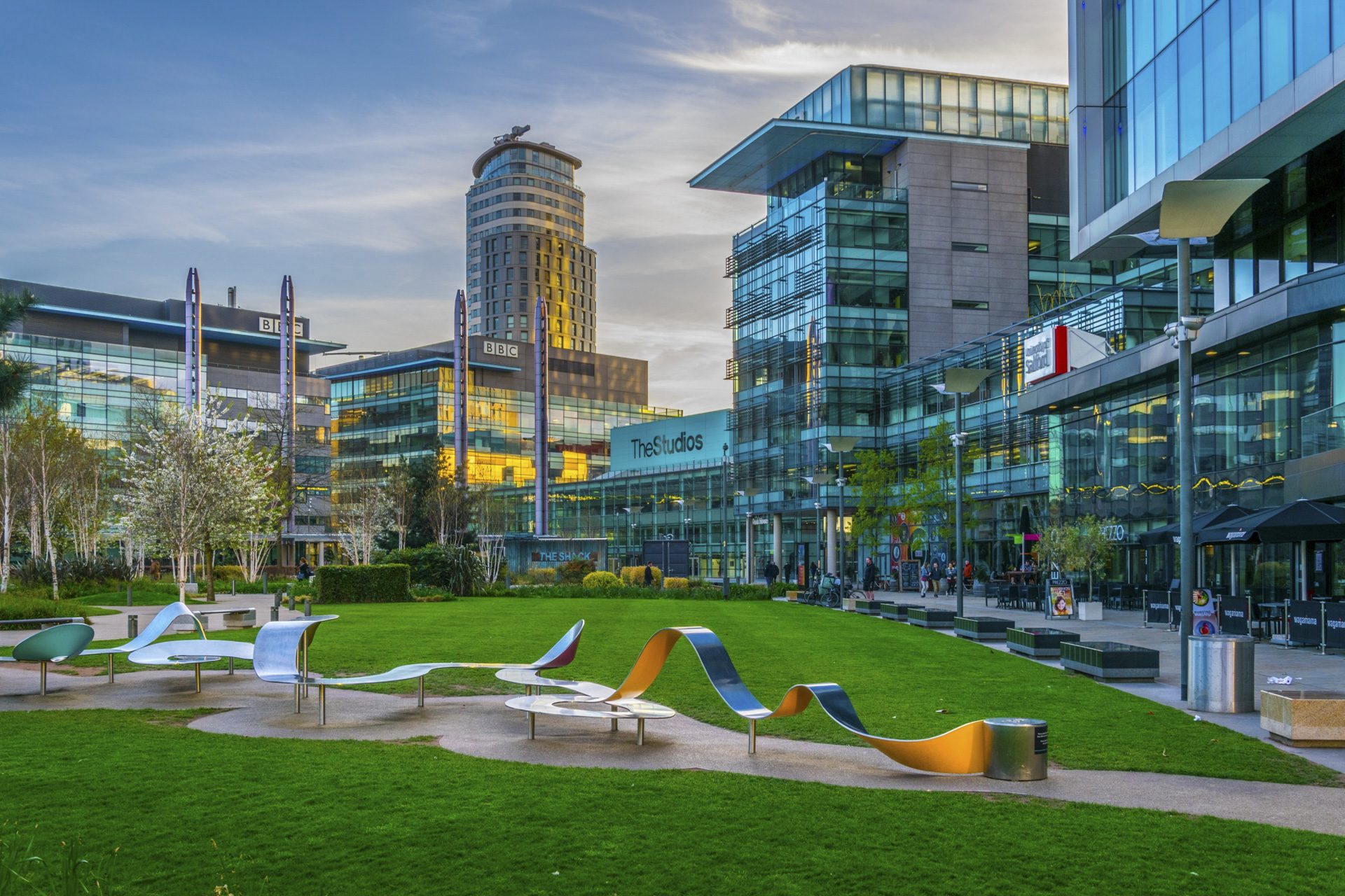 MANCHESTER, UNITED KINGDOM, APRIL 11, 2017: Media City UK in Manchester during sunset, England