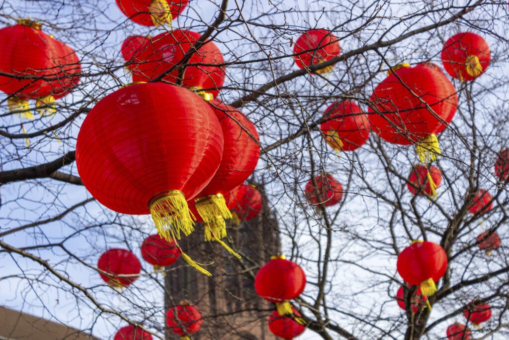 Liverpool / UK - January 18 2020: Lanterns in trees for Chinese New Year celebration, Liverpool Chinatown