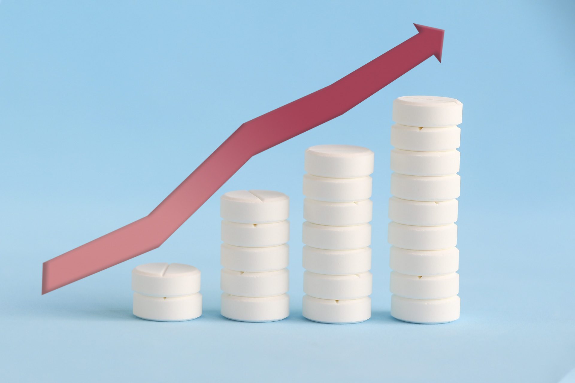 Growth graph made of stacked white pills on the blue background. Red arrow symbol moving up. Growing market and increasing demand for medicine. Theme of the rise in price of health.