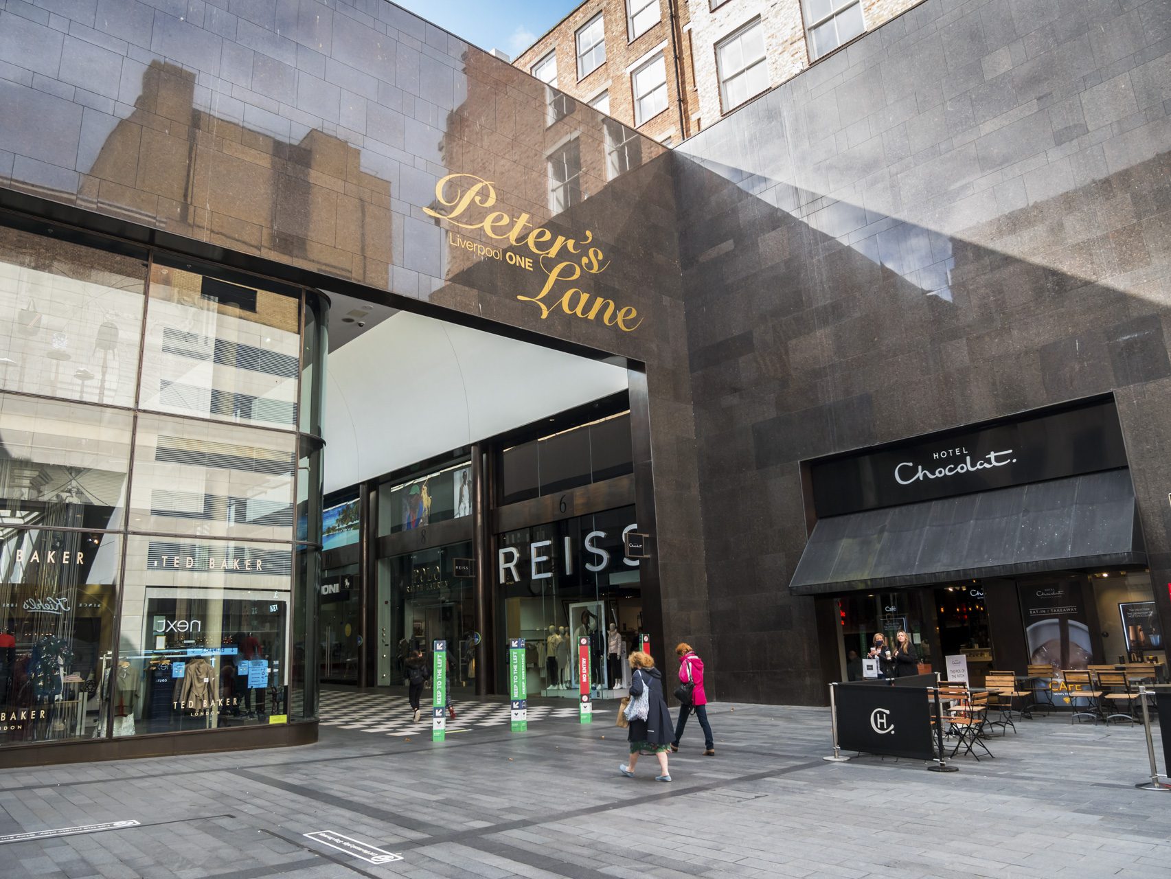 Liverpool, UK, September 24th 2020: Liverpool One shopping and leisure complex. Peter's Lane which has many high end designer retail shops. During local lockdown, Covid-19, Coronavirus.