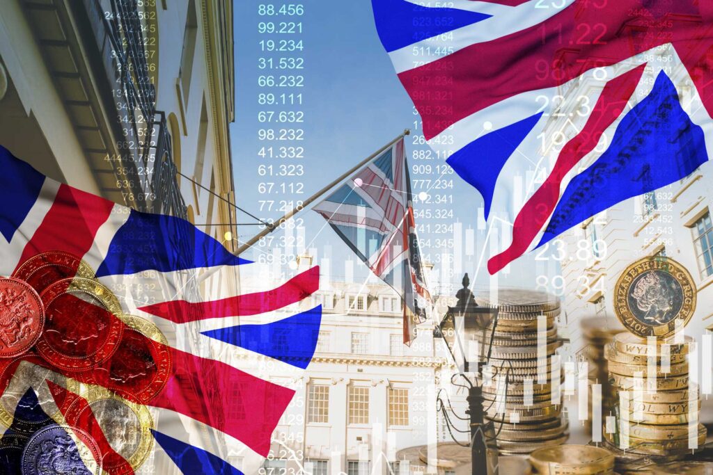 Great Britain flag, stock market graphic background on financial market trade chart
