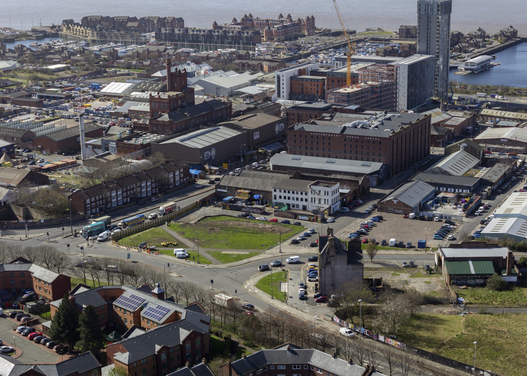 Liverpool, UK - March 25 2019: Aerial view of Baltic triangle, Great George Street and St James Street