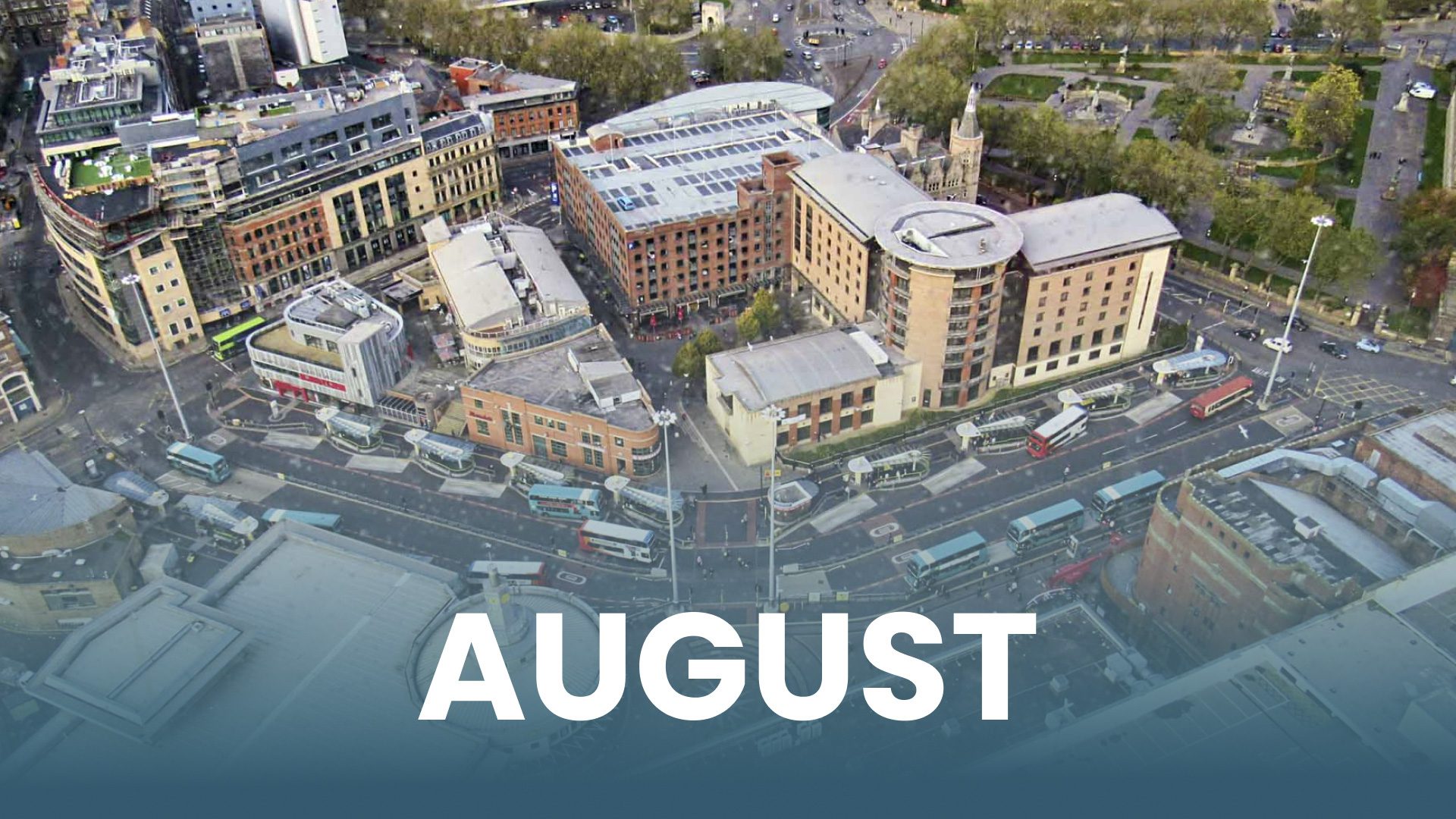 August text over city aerial view