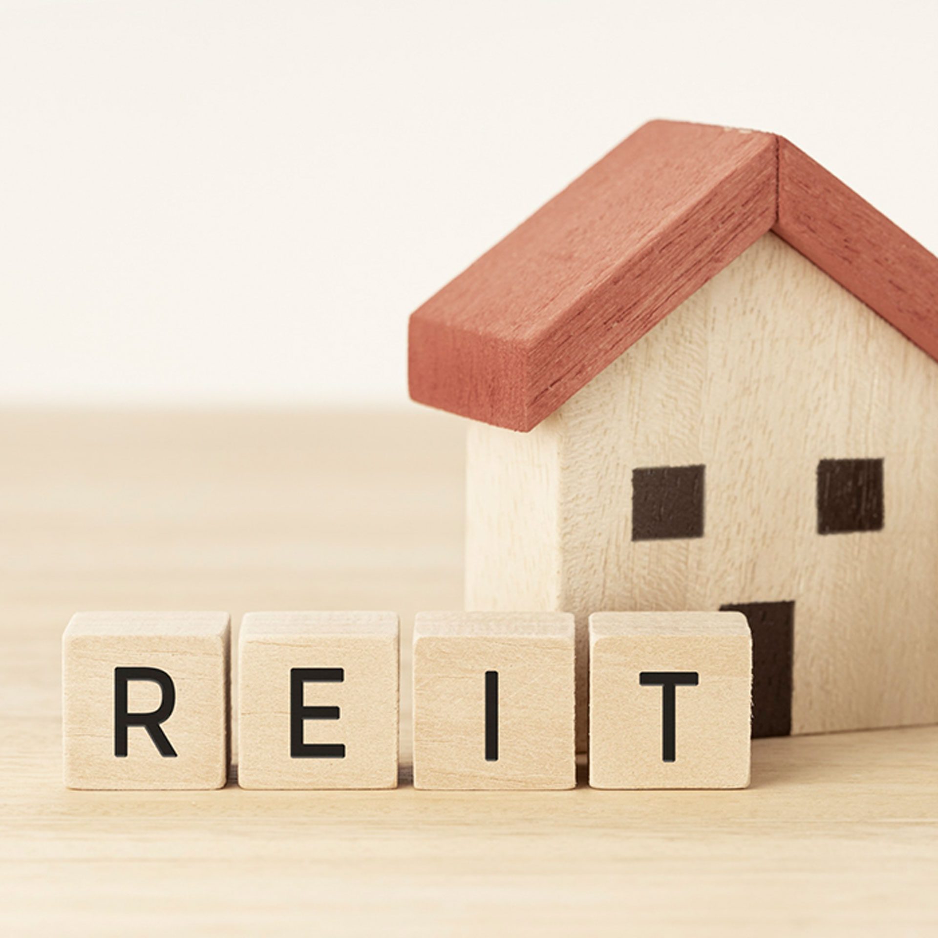 Text 'Reit' on wood blocks, next to a house model