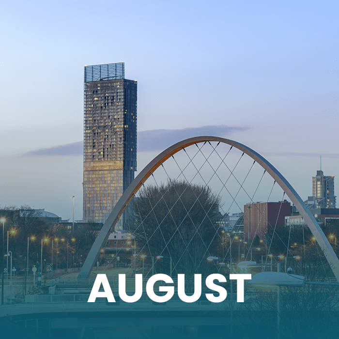 Text August with Manchester in the background