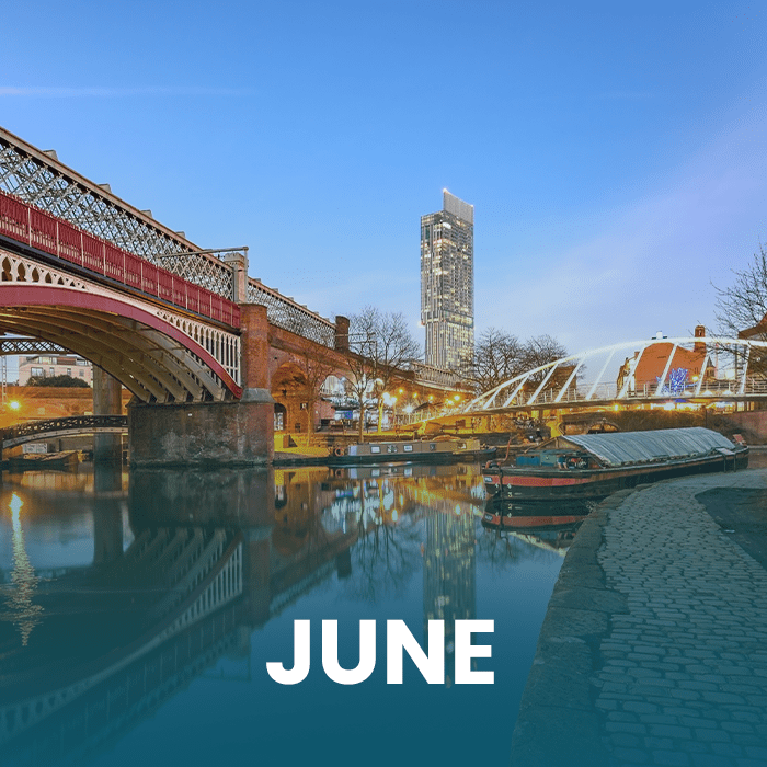 Text June with Manchester view in the background