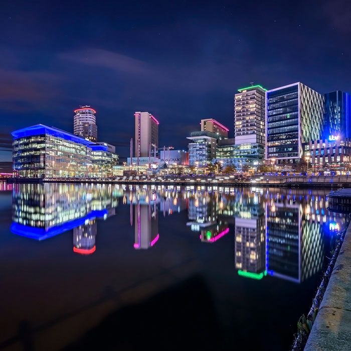 Manchester waterfront view at night