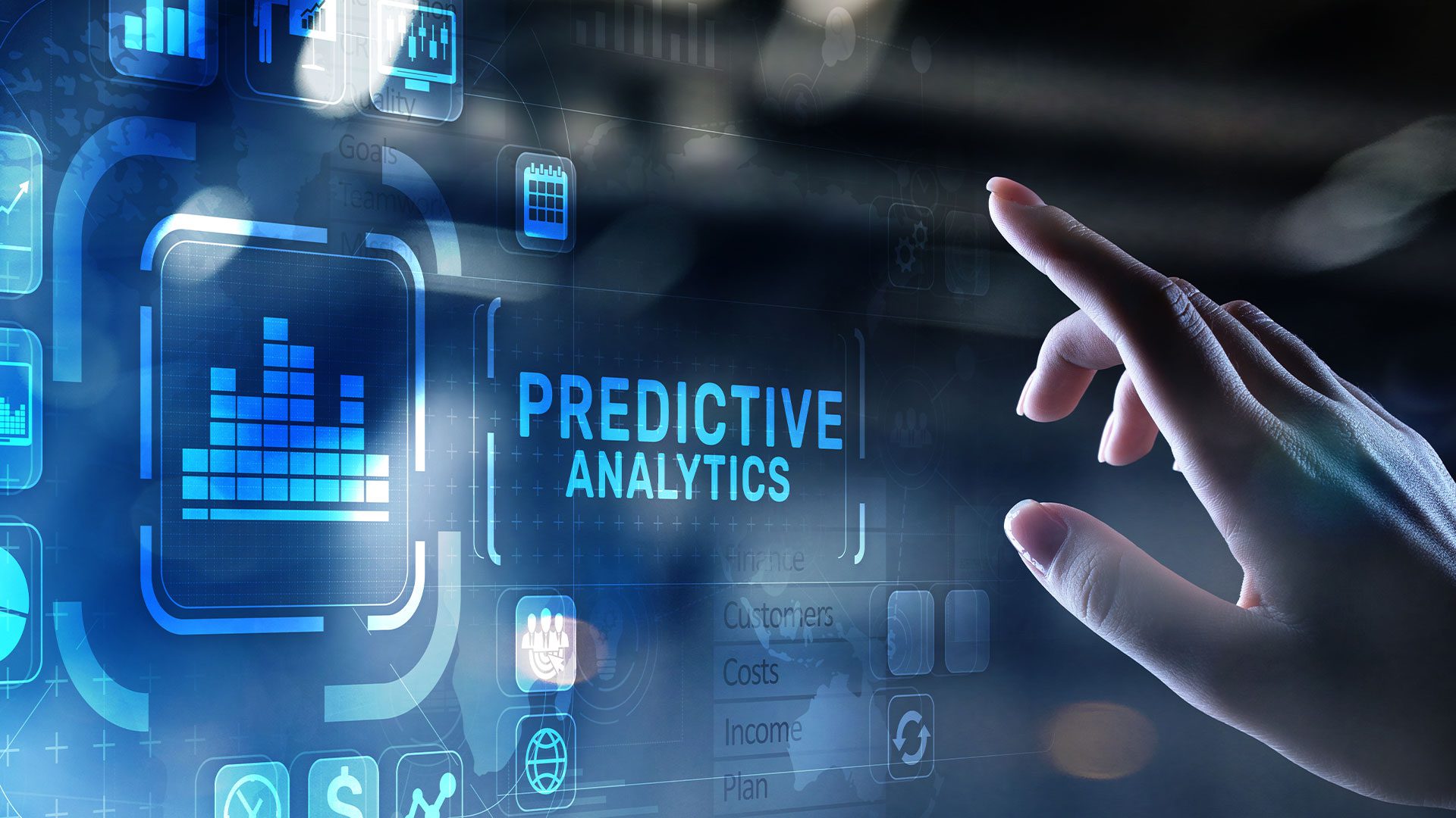 Hand pointing at hologram with text 'predictive analytics'
