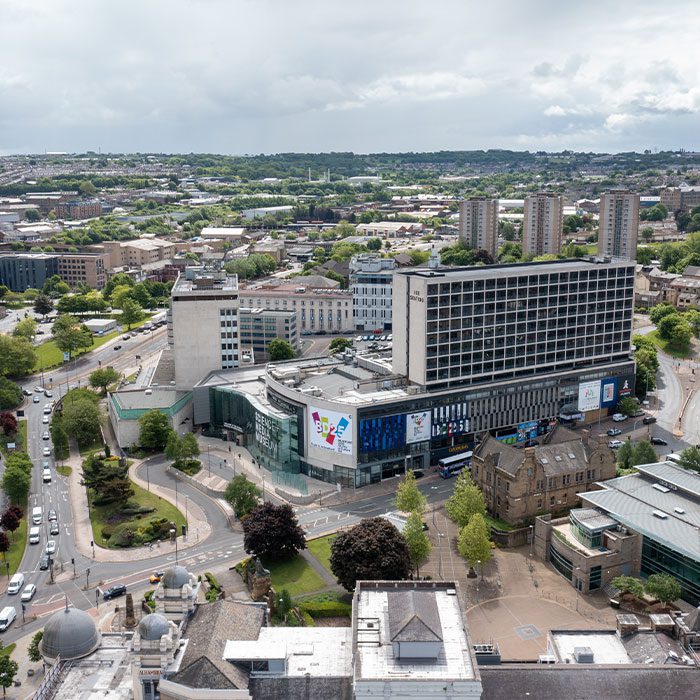 Bradford, UK, 24th May 2022: Aerial photo of the city centre of Bradford, a town in Yorkshire in the UK, showing the Bradford museum