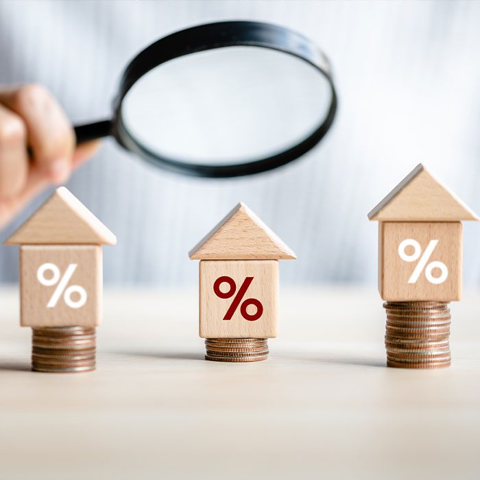 women customer using magnifying glass finding to interest rate home is minimum, affordable alternative price, mortgage home, financial and investment concept.