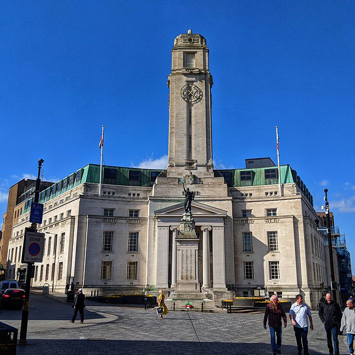 London Luton, United Kingdom - 24 March 2019: Photos of Luton Town centre George street Luton Town hall building with tourists people around near George's square.