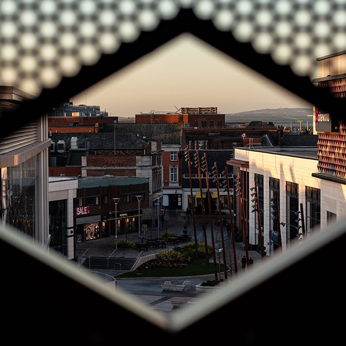 Warrington - January 2020: Intricately framed shot of the new developments in Warrington Town Centre.