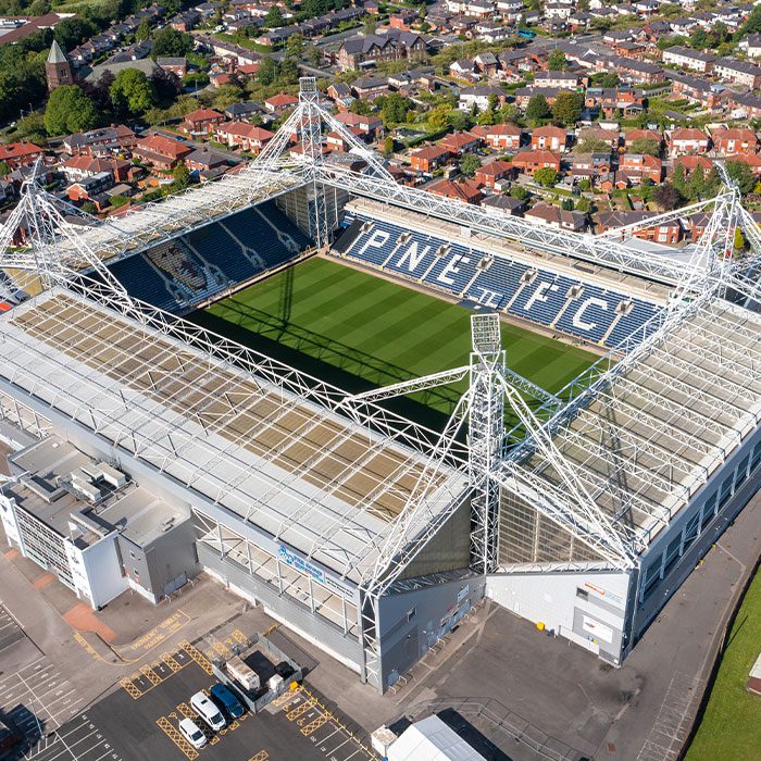 Preston, Lancashire. 06.20.2022 Preston North End Football Club, Deepdale Stadium. Aerial Image. 20th June 2022.