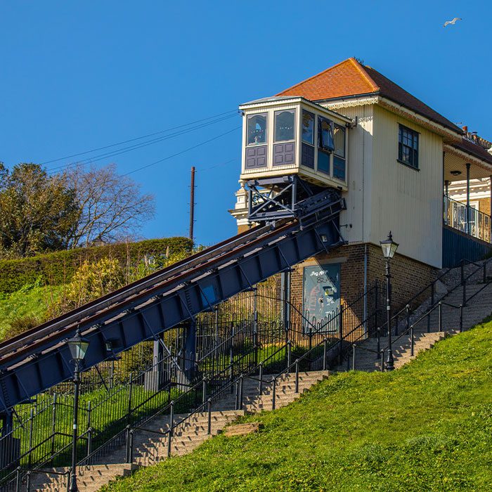 The historic Cliff Lift on the seafront in Southend-on-Sea, Essex, UK.