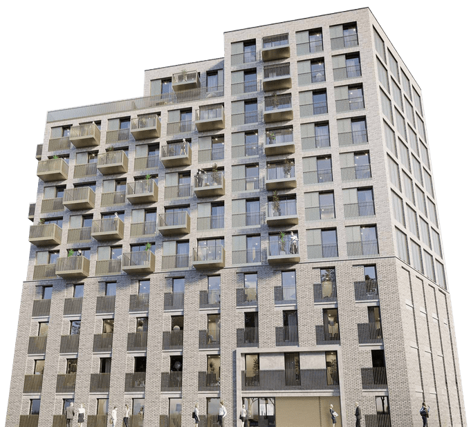 Exterior of The Hive, a completed investment property in Luton, UK, showing windows and balconies