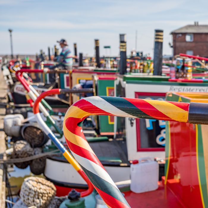 painted tillers on the back of narrow boats in Ellesmere Port