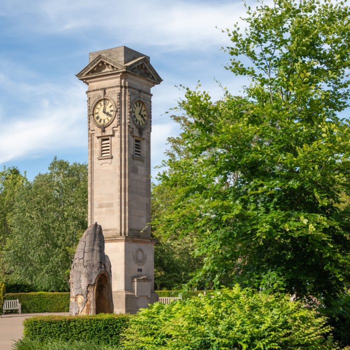 Clock tower in Royal Pump Gardens in Leamington Spa