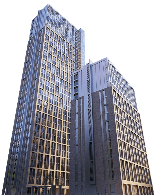 Exterior of Embankment Exchange development in Manchester showing two residential towers