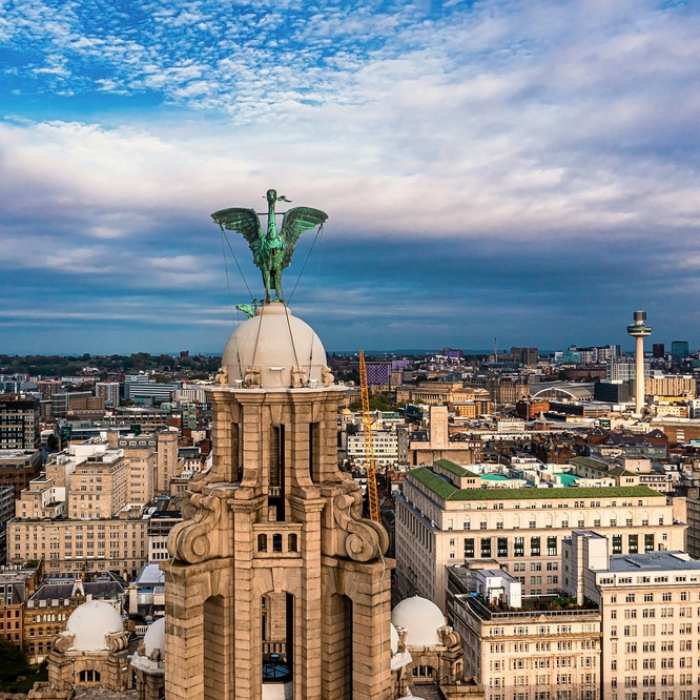 Liverpool cityscape view showing the Liverpool Liver Building and others
