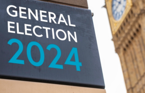 General Election 2024 sign in front of Westminster