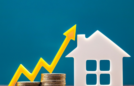 figure of a house with coins next to it and an upward arrow representing property market growth