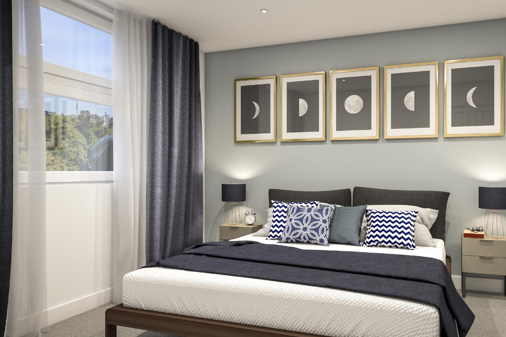 CGI image of bedroom in Dolphin Bridge House, Uxbridge