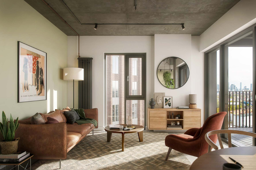 Interior CGI of the BeCa London development, showing living room design