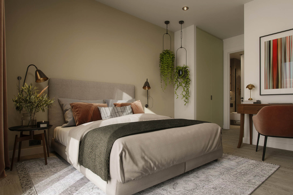 Interior CGI image showing the BeCa London bedroom