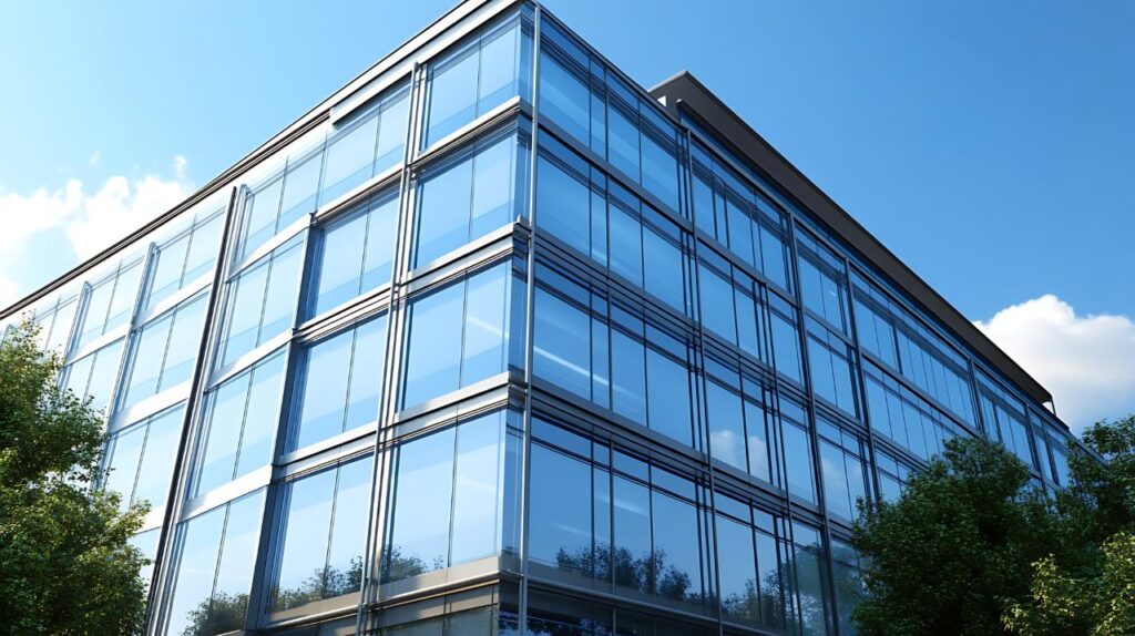 Vibrant reflections of nature on the glass facade of a modern commercial building