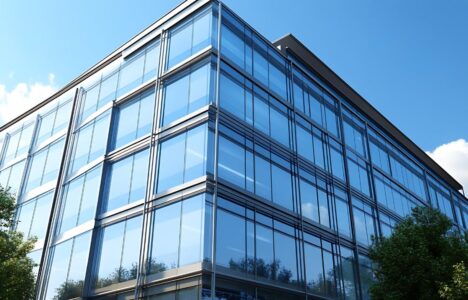 Vibrant reflections of nature on the glass facade of a modern commercial building