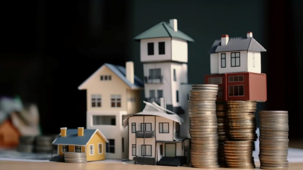 a stock of coins and house real estate and investment concept