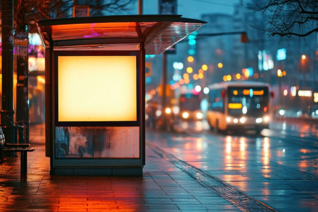 bus stop on wet city street