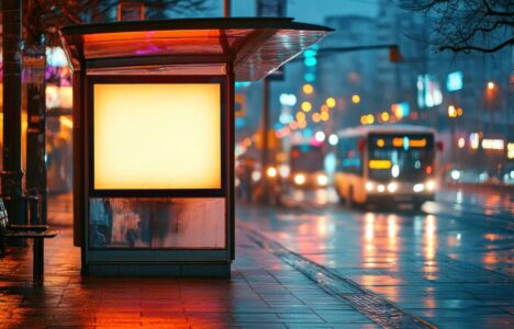 bus stop on wet city street