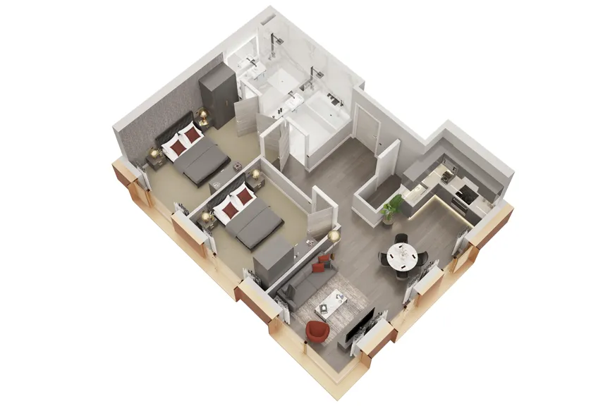 SoapWorks 2-bed apartment dollhouse floorplan