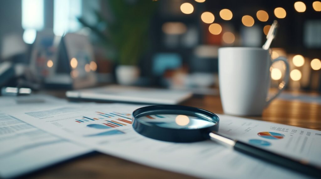 charts and magnifying glass with a cup of coffee on a wooden table