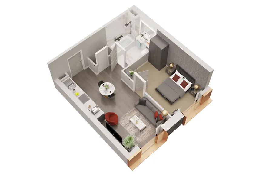 SoapWorks 1-bed apartment dollhouse floorplan
