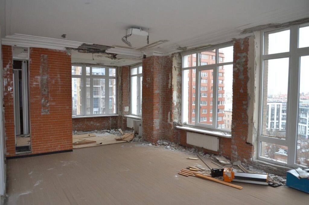 interior of a room with brick walls and windows being renovated