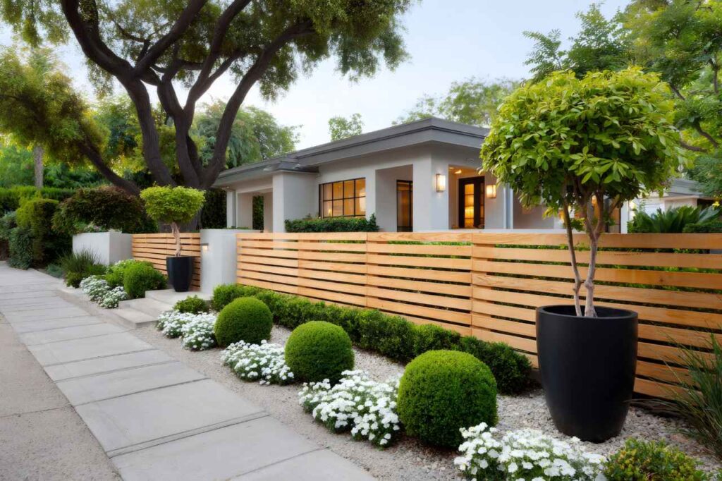 Beautiful modern house with wooden fence and landscaped garden