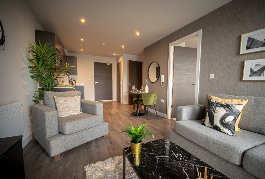 1-Bedroom Apartment living room interior in Embankment Exchange Manchester