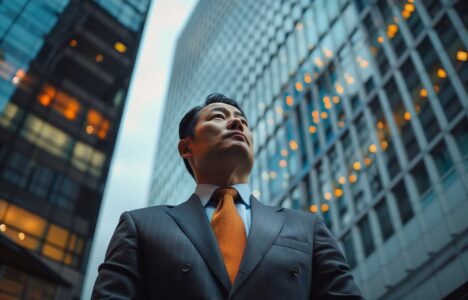 asian man wearing a nice suit looking up