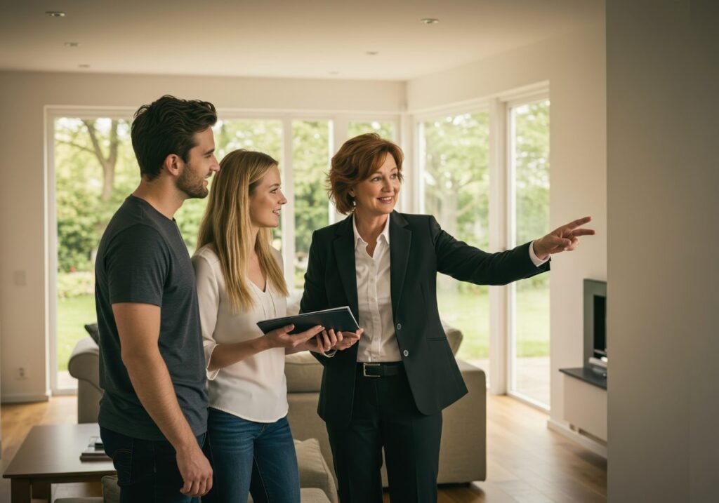 letting agent presents a bright and modern rental property to a young couple