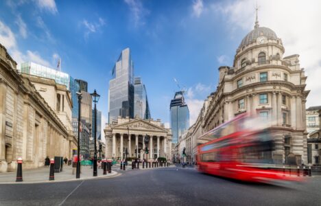 Image showing Bank of England with red bus and street