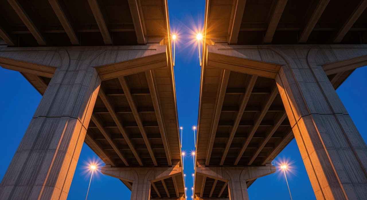 underside of a modern concrete overpass