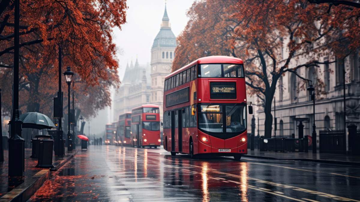 London street with red bus in rainy day