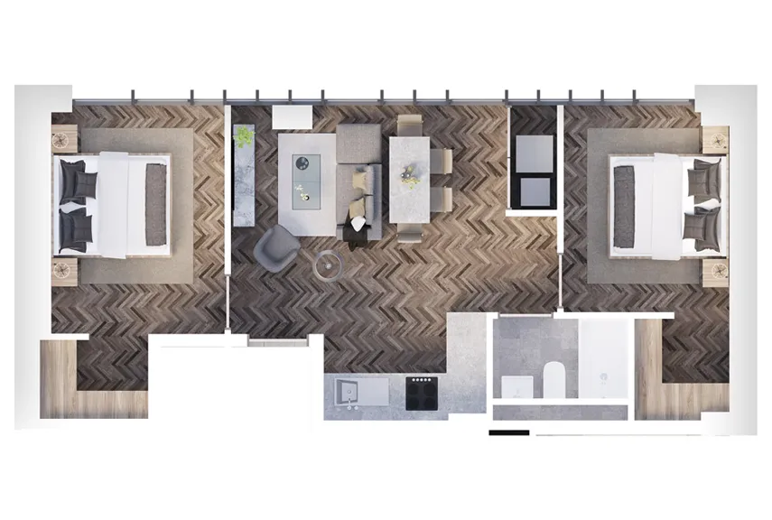 Miller's Place Liverpool dollhouse floorplan showing 2-bed apartment